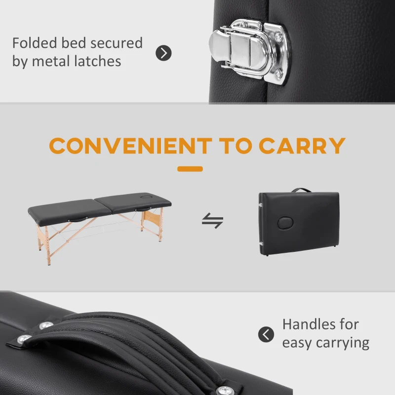 HOMCOM 2 Section Foldable Massage Table Professional Salon SPA Facial Couch Tattoo Bed with Carry Bag Black