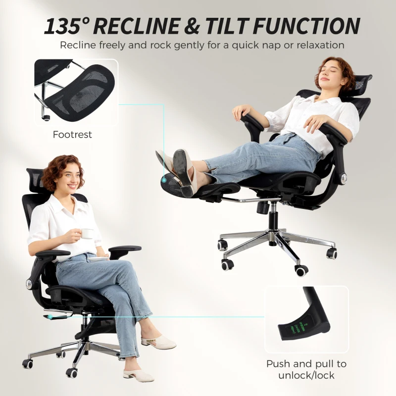 HOMCOM Ergonomischer Bürostuhl mit 4D-Armlehnen, verstellbarer Kopfstütze und Sitztiefe, Netz, Schwarz