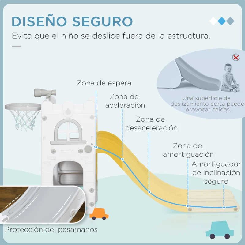 AIYAPLAY Tobogán Infantil 5 en 1 con Canasta de Baloncesto Telescopio Escalador y Cesta Inferior para Interior Blanco y Gris