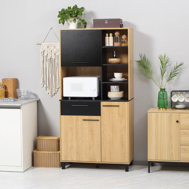 HOMCOM Armário de cozinha multifunções com gaveta 3 portas 4 nichos e passa-cabos altura 180 cm preto e madeira natural