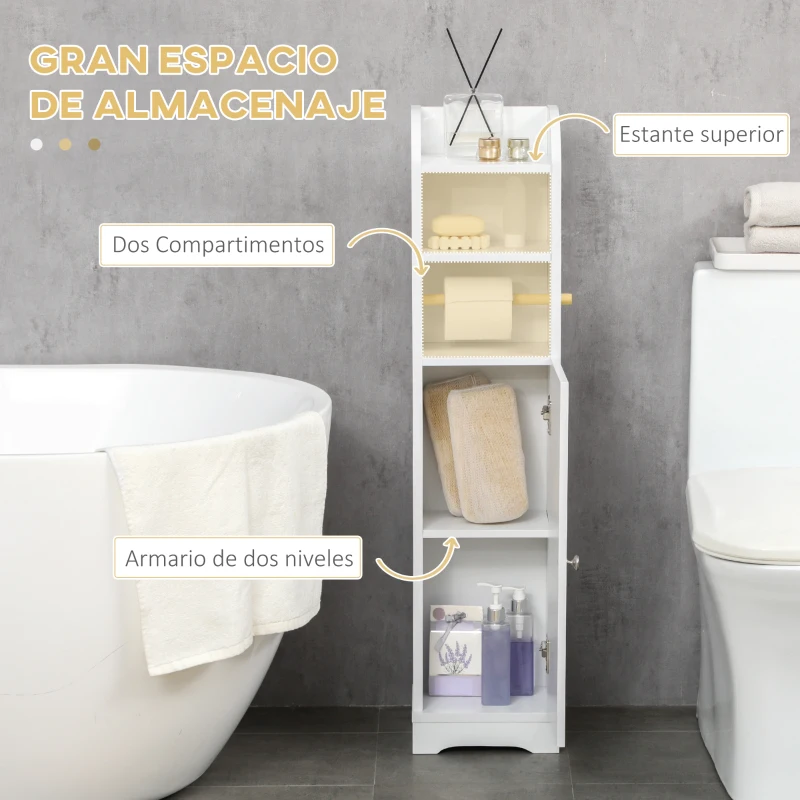 kleankin Portarrollos de Papel Higiénico con Armario para Baño con Estante Interior Ajustable 23x18x100 cm Blanco