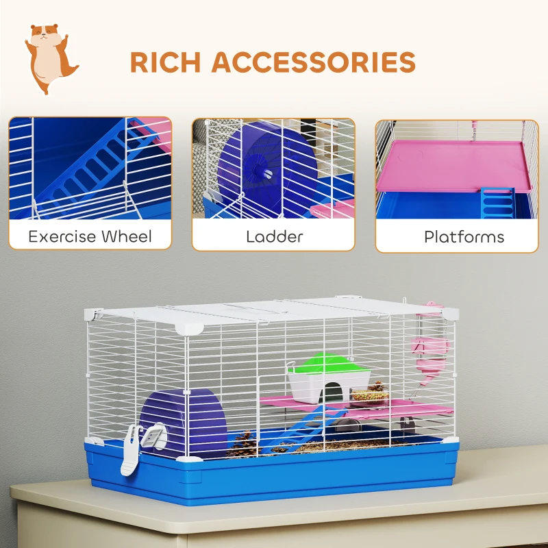 PawHut Hamster Cage, Small Gerbil Cage 2 Tiers Portable w/ Handle, Exercise Wheel, Water Bottle, Dishes, Blue