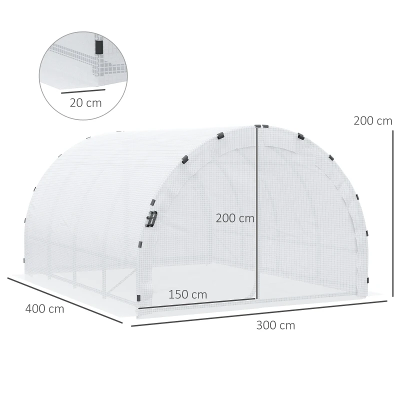 Outsunny Estufa Túnel para Jardim Área ao Solo 12 m² 4L x 3l x 2H m Chassi Tubular Reforçado 25 mm Porta Dupla com Alças Branco