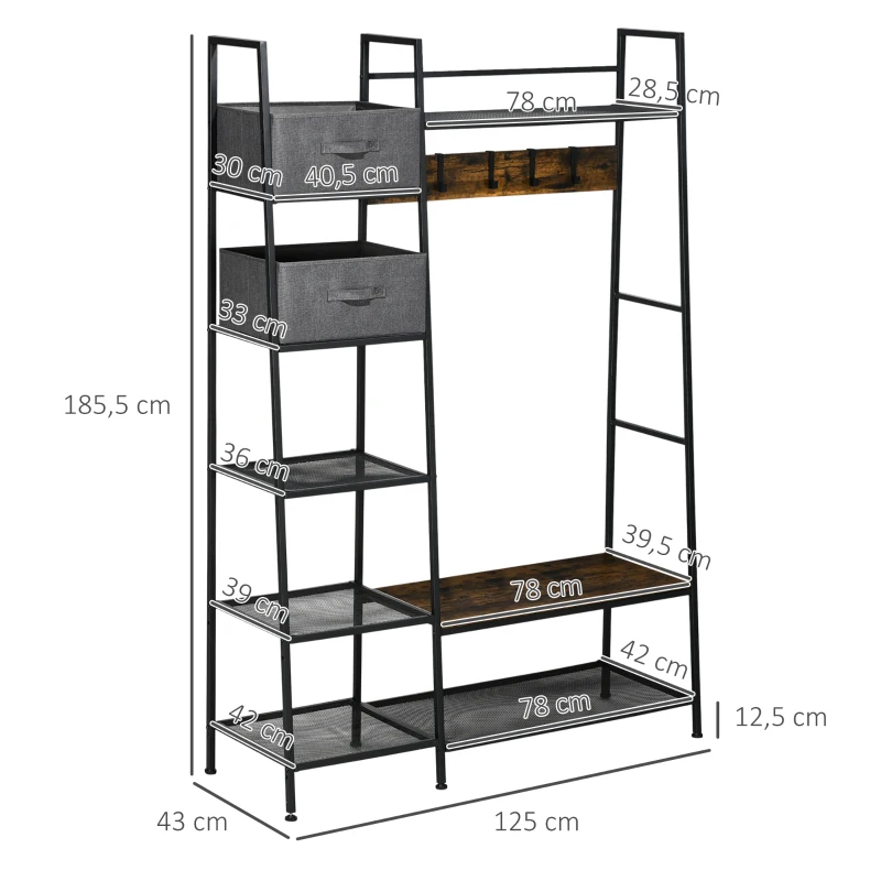 HOMCOM Cabideiro móvel de arrumação para entrada, 6 prateleiras 4 ganchos 2 gavetas de tecido, 125 x 43 x 185,5 cm, em aço e madeira