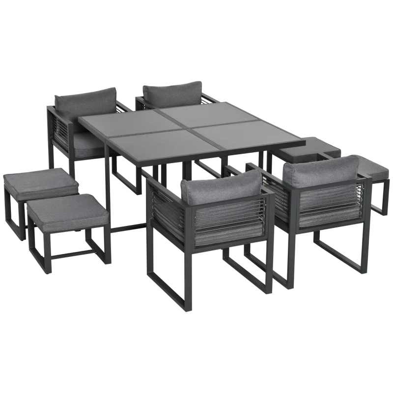 Outsunny 8 Seater Garden Dining Cube Set - Aluminium Outdoor Furniture Set Including Dining Table, 4 Chairs, and 4 Footstools with Cushions, Grey