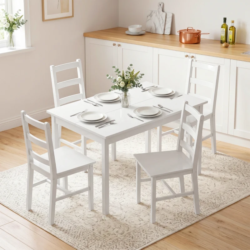 HOMCOM 5-delige Eethoek voor 4 Personen, Rechthoekige Eettafel en Stoelen van Massief Hout, Compact, Wit