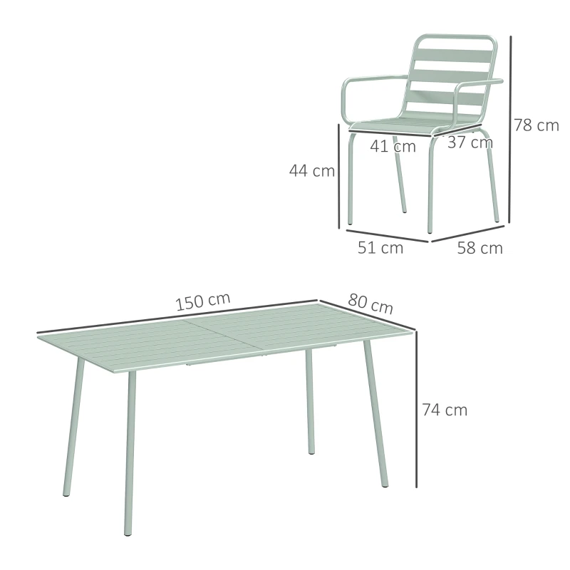 Outsunny Conjunto de jardim conjunto de jantar para jardim 7 peças com 1 mesa e 6 cadeiras empilháveis em aço verde claro