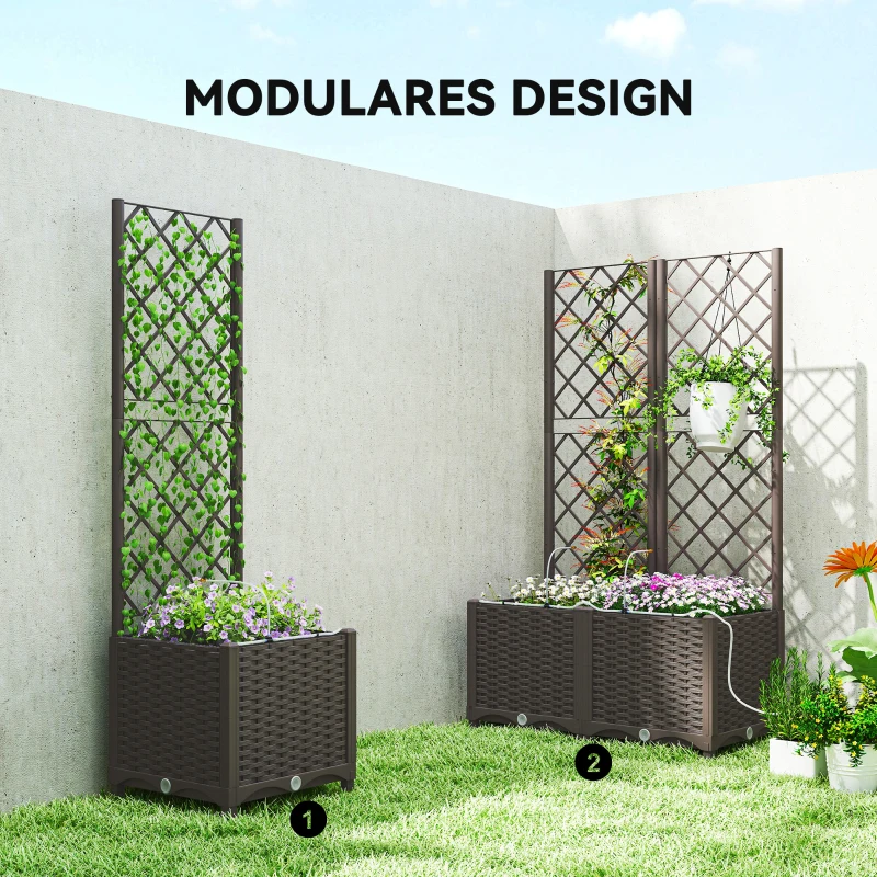 Outsunny Set van 2 Spalier met bloembak Bloembak met drainagegat Timer bewateringssysteem 80 x 40 x 136 cm Bruin