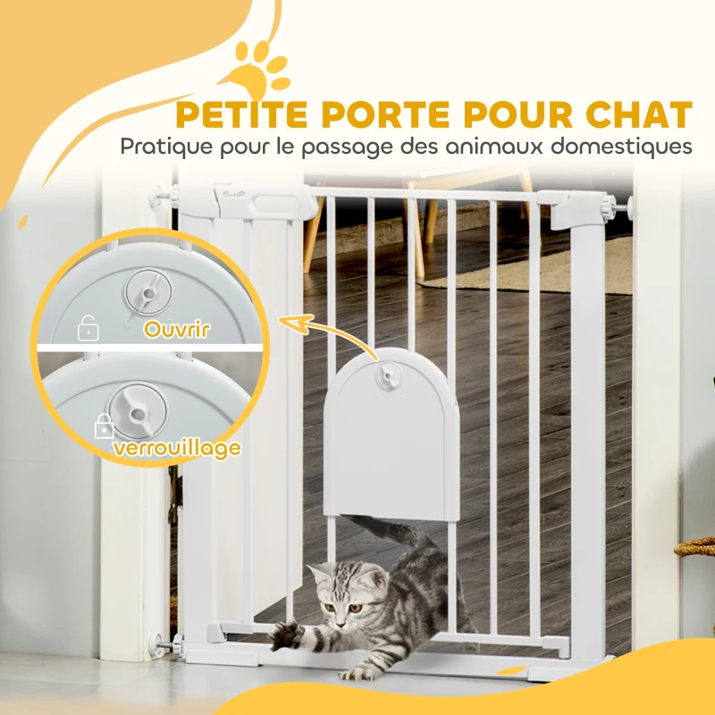 PawHut Barrière de sécurité animaux avec porte fermeture automatique système de double verrouillage, acier blanc