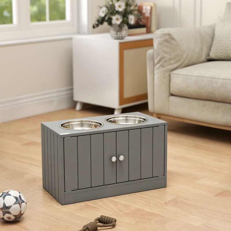 PawHut Gamelles Chiens Surélevées Gamelle Double Chien Chat Porte-Gamelles 2L Acier Inox 60 x 30 x 35,5 cm Gris