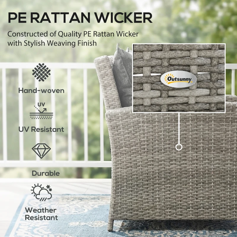 Outsunny 6-Piece Wicker Rattan Garden Set, Aluminium Patio Wicker Dining Sets with Glass Top Table & Soft Cushion, Light Grey