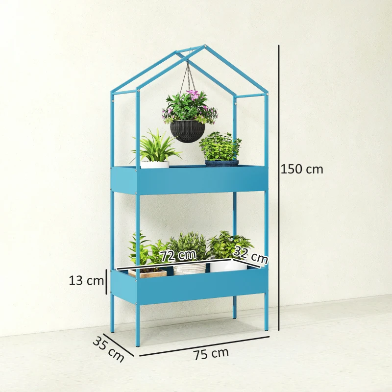 Outsunny Étagère à Plantes 2 Niveaux, Support de Plantes en Métal avec Crochet, Porte-Pots en Forme de Maison, Bleu-Vert