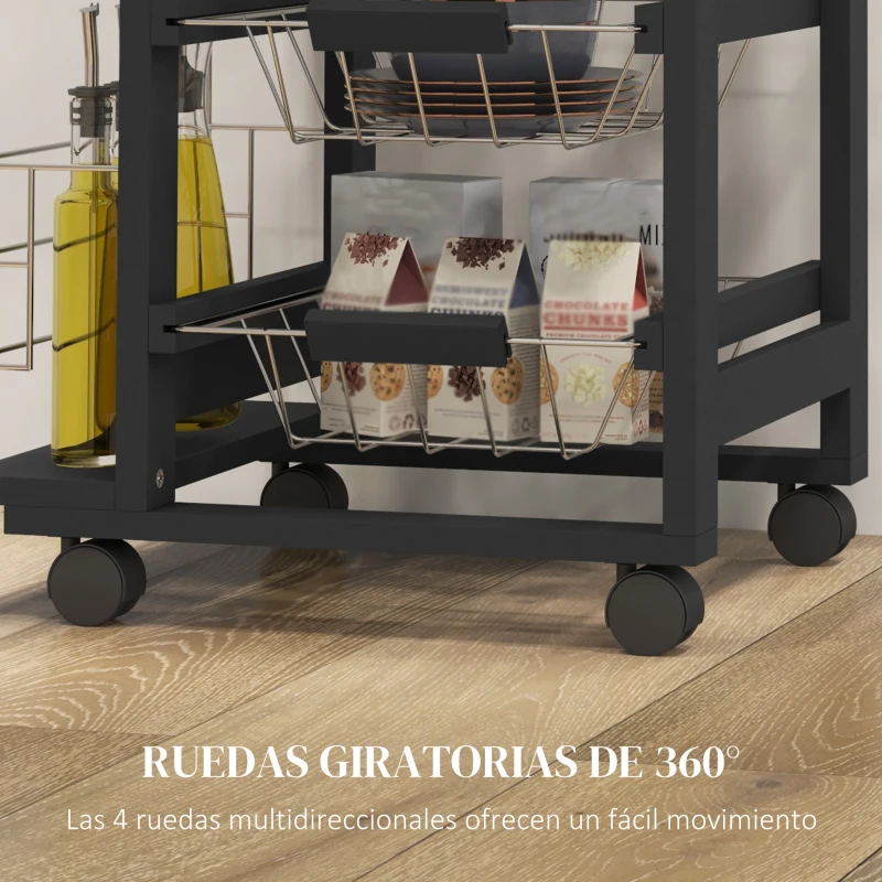 HOMCOM Carrito de Cocina con Ruedas Carrito Multiusos con Cajón 4 Cestas Extraíbles de Metal y Bastidores 47x37x83 cm Negro