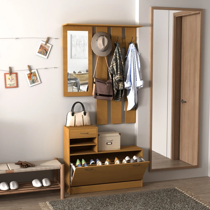 HOMCOM Recibidor de Entrada con Espejo Perchero y Zapatero Mueble de Recibidor de 2 Piezas con 6 Ganchos Estantes y Cajón Abatible para Pasillo Madera Marrón