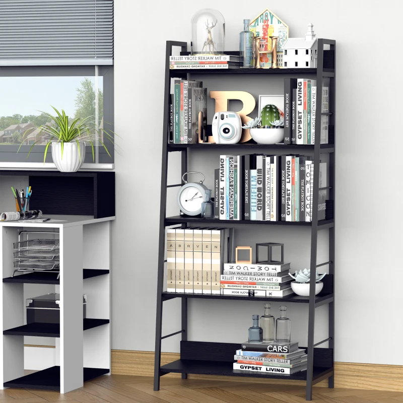 HOMCOM Estante Biblioteca de Arrumação Estilo Industrial inclinada 5 Níveis 70L x 35l x 150H cm Preto