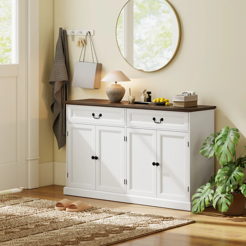 HOMCOM Aparador de sala, móvel de arrumação com 4 portas, 2 gavetas silenciosas, prateleiras reguláveis, 140x40x85cm, branco e castanho