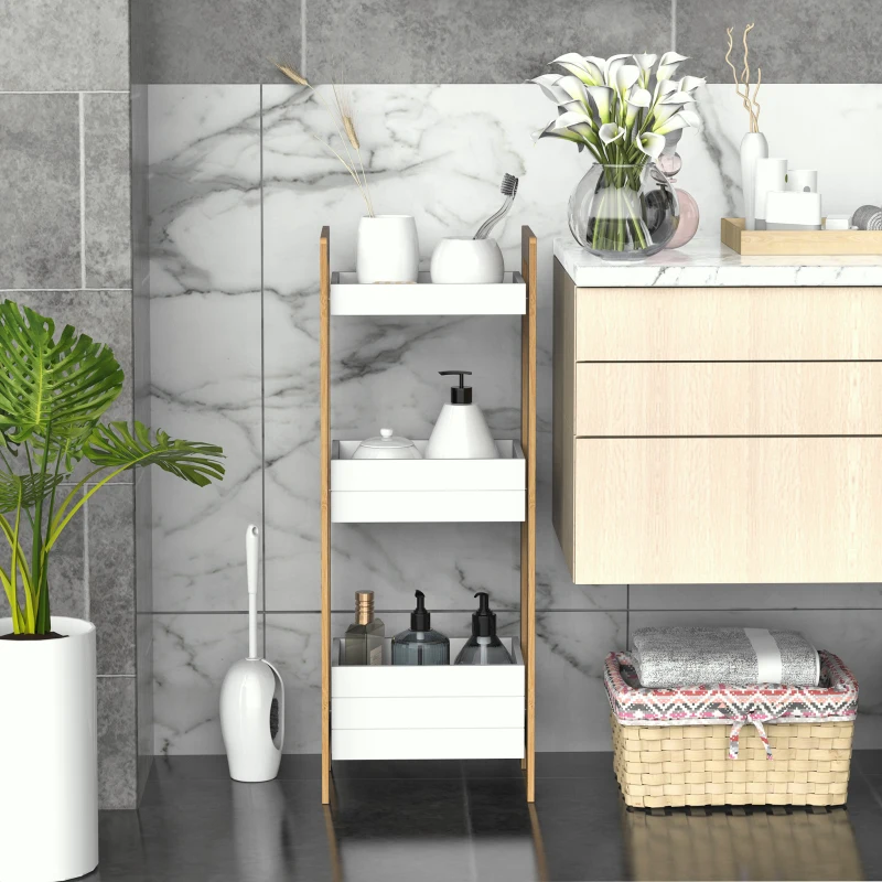 HOMCOM Estantería de Baño con 3 Estantes Organizador de Almacenaje Bambú para Cocina Sala de Estar Lavadero 27,5x20,8x74 cm Color Blanco y Natural