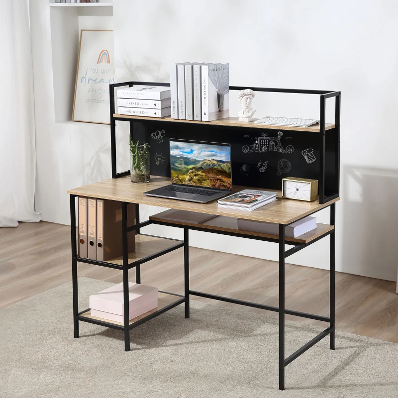 HOMCOM Secretária com arrumação, secretária informática com 4 prateleiras, amplo tampo e painel preto para sala/quarto 120L