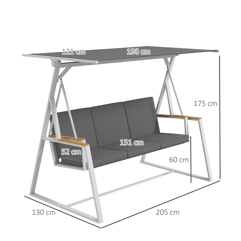 Outsunny Balanço de jardim 3 lugares com toldo inclinação ajustável colchão fornecido dim. 205L x 130l x 175H cm cinza escuro