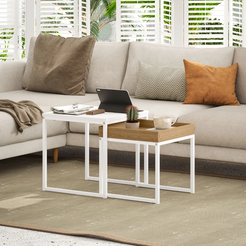 HOMCOM Lot de 2 tables basses gigognes carrées, tables gigognes de salon avec cadre en acier, style moderne, blanc