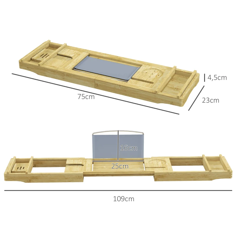 HOMCOM Ponte prateleira bandeja de banheira extensível em bambu com porta-copo e porta-sabonete, 75-109 x 23 x 4.5cm