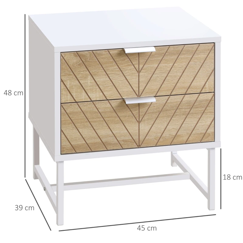 HOMCOM Mesita de Noche con 2 Cajones con Patas de Acero Mesilla Auxiliar para Salón Dormitorio 45x39x48cm Blanco y Roble