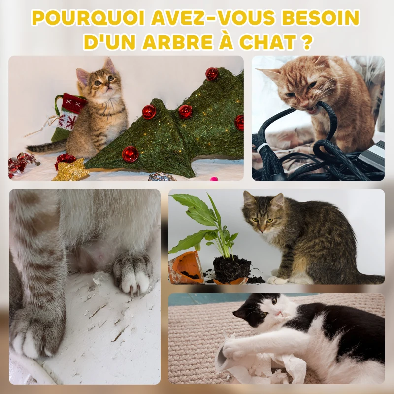 PawHut Tonneau à gratter pour chat arbre à chat sisal naturel et herbiers marins recouvert de peluche 35,5x35,5x49cm kaki café