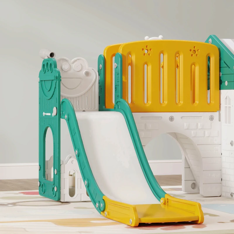 AIYAPLAY Tobogán Infantil 7 en 1 con Caseta Escalera Aro de Baloncesto Túnel Pizarra Telescopio para Interior Amarillo y Verde