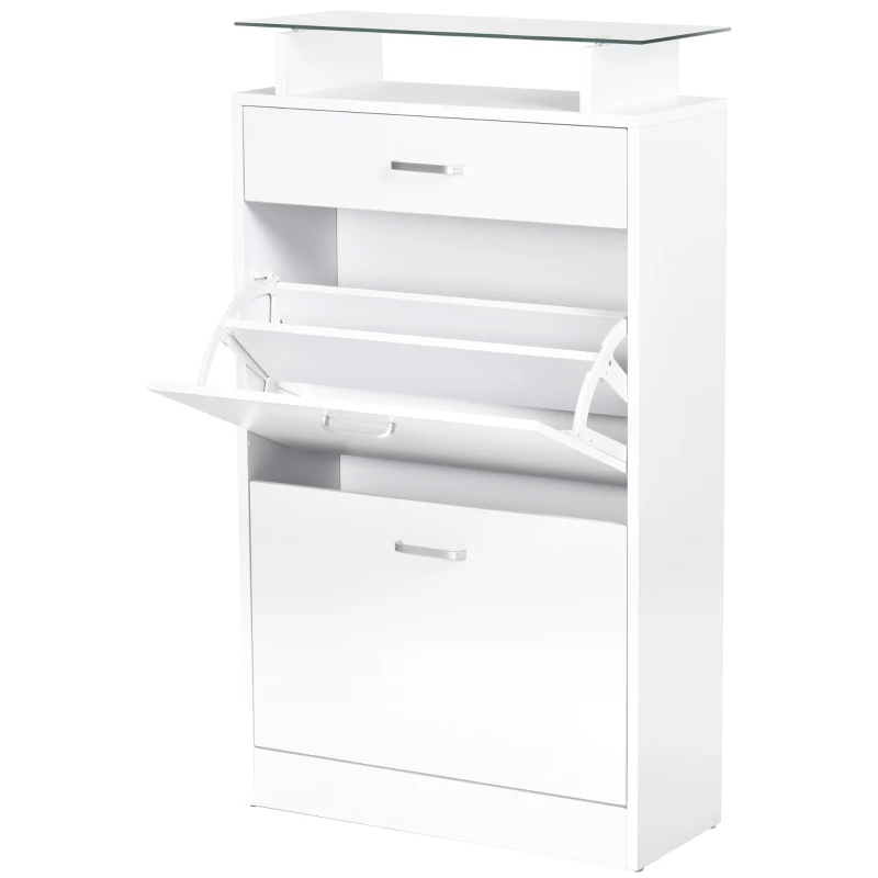 HOMCOM Organizador de Zapatos Multifuncional Zapatero con 3 Cajones Estante de Vidrio Asa de Aluminio para Pasillo Tablero de Partículas Carga 50 kg 60x24x105,5 cm Blanco