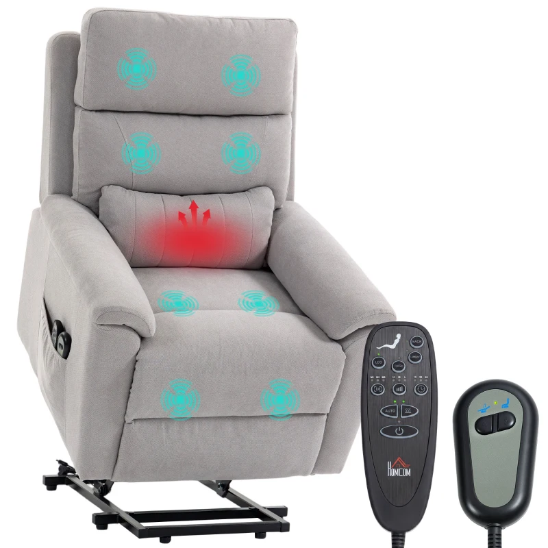 HOMCOM Power lift recliner chair with Massage and Heat, Terry Cloth Electric Lift Chair with Spring Cushion, Light Grey