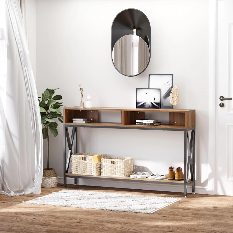 HOMCOM Mesa Consola de Entrada Industrial Multi-armazenamento 120 x 23,5 x 75 cm Madeira Nogueira