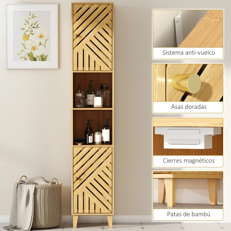 HOMCOM Columna de Baño Estrecha con Puertas y Patas de Bambú Estantes Ajustables Compartimento Abierto 32x30x170 cm Natural