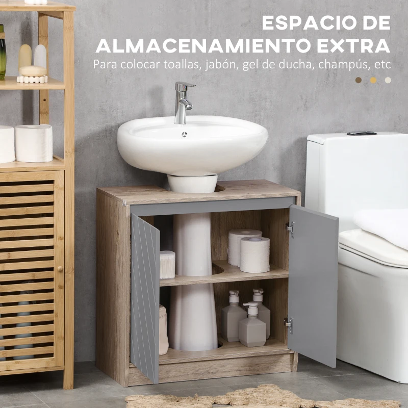 HOMCOM Mueble para Debajo del Lavabo Armario de Baño de Suelo con Puerta Doble y Estante Ajustable 60x30x59,8 cm Roble y Gris