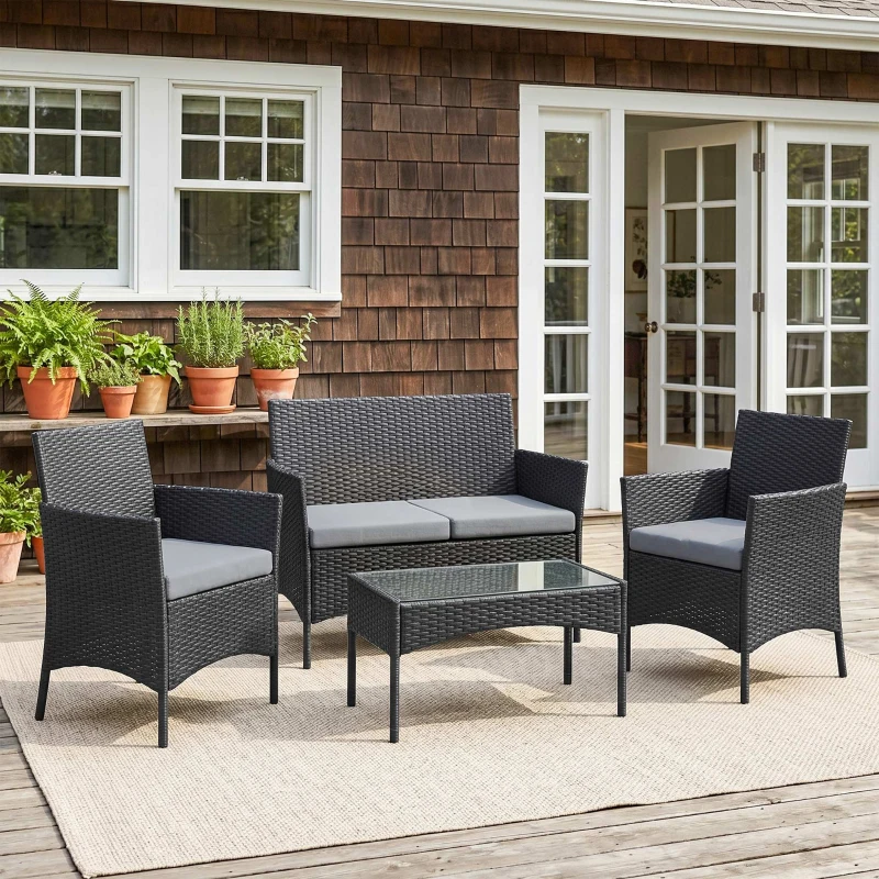 Outsunny Conjunto de jardim exterior 4 lugares em resina trançada com sofá e mesa de centro em vidro temperado, almofadas incluídas, cinza