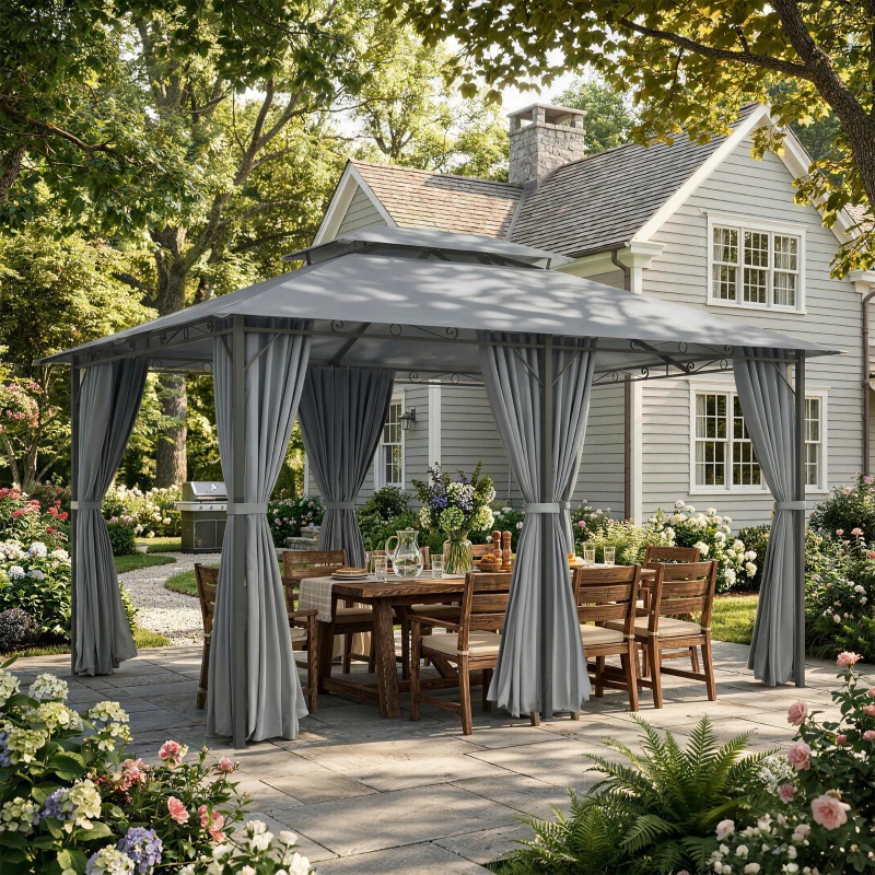 Outsunny Tonnelle barnum pavillon de jardin style colonial double toit toiles latérales amovibles 3L x 4l x 2,8H m gris