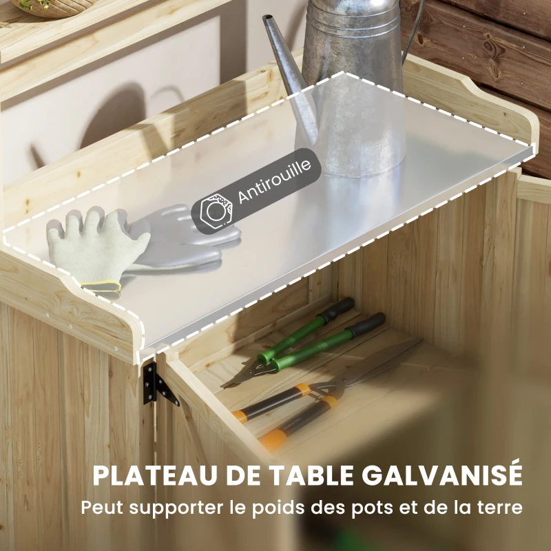 Outsunny Table de rempotage table de jardinage placard et étagères et plateau patins antidérapants 90,5x41x124,5cm bois naturel