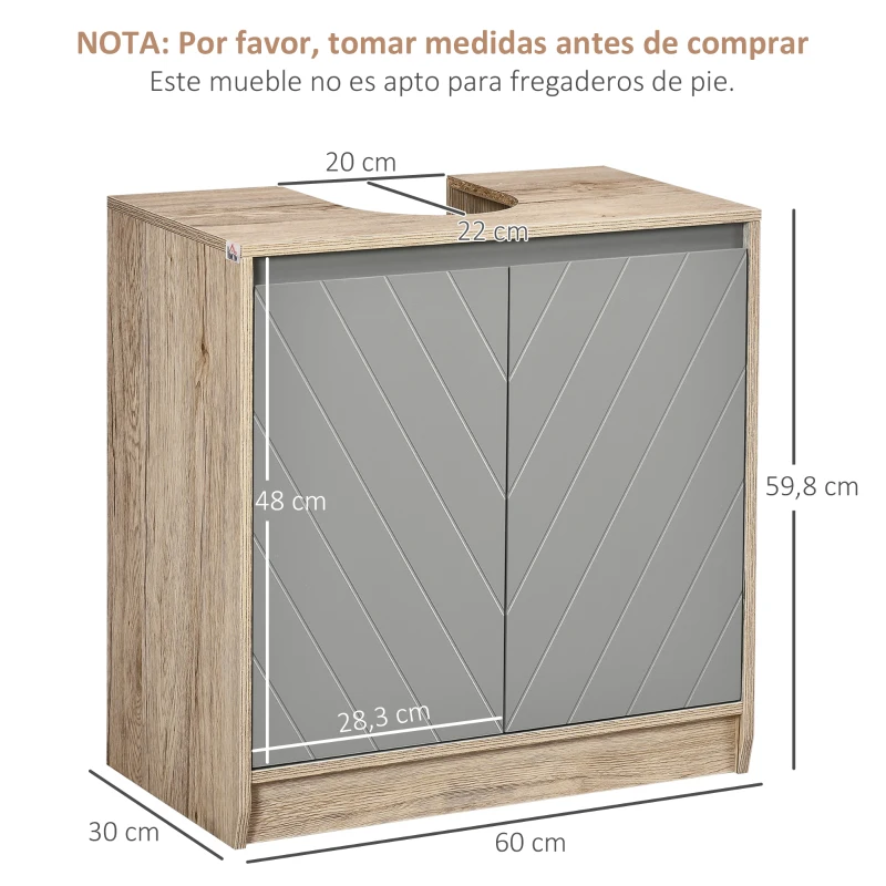 HOMCOM Mueble para Debajo del Lavabo Armario de Baño de Suelo con Puerta Doble y Estante Ajustable 60x30x59,8 cm Roble y Gris