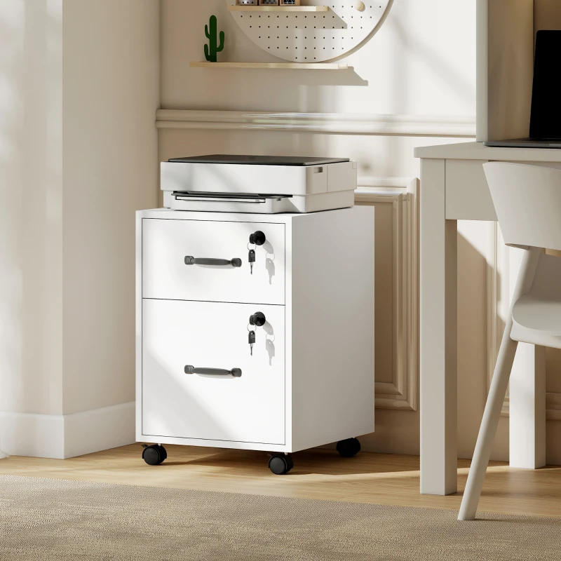 HOMCOM Gaveteiro de Escritório com 2 Gavetas Rodas com Trava Gaveteiro para Carta/Formato A4 40x40x54,1 cm Branco