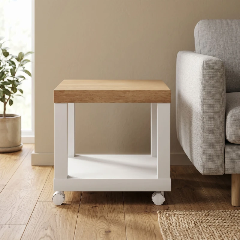 HOMCOM Table d'appoint roulante, table basse moderne avec étagère ouverte, 40 x 40 x 40 cm, bois naturel & blanc