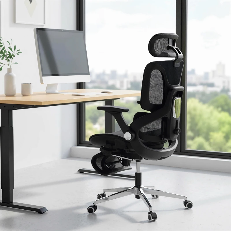 HOMCOM Ergonomischer Bürostuhl mit 4D-Armlehnen, verstellbarer Kopfstütze und Sitztiefe, Netz, Schwarz
