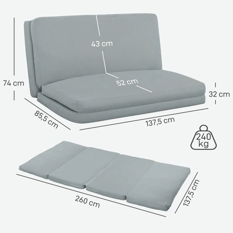 HOMCOM Sofá preguiçoso poltrona-cama conversível dobrável em 4 partes, capacidade 240 kg, 137,5 x 85,5 x 74 cm, cinza claro