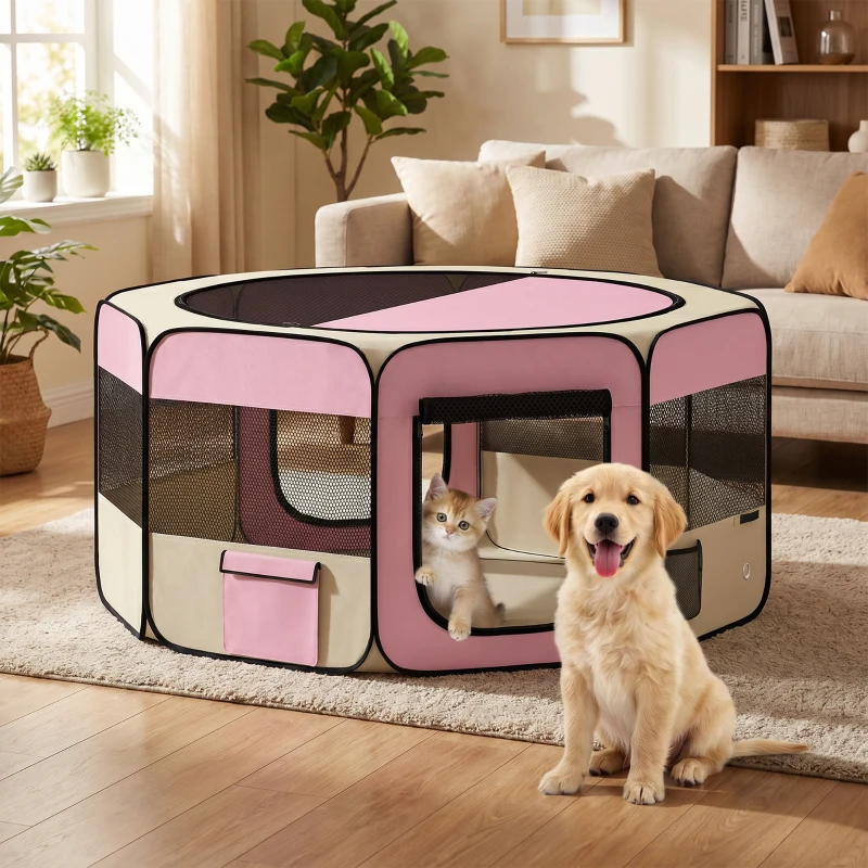 PawHut Parque Plegable para Perros y Gatos Corralito Portátil para Animales Pequeños Impermeable de Tela Oxford Ø90x41 cm Rosa