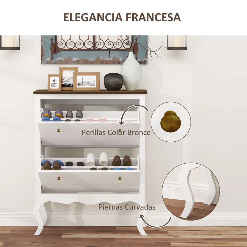 HOMCOM Zapatero Estrecho con 2 Cajones Abatibles Estantes Ajustables para 16 Pares de Zapatos 84x29x109 cm Blanco