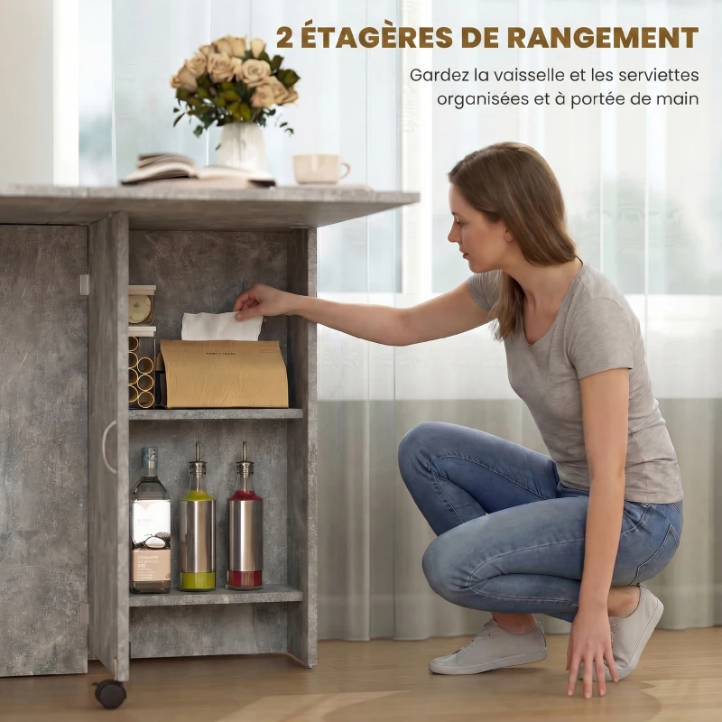 HOMCOM Table pliante de cuisine salle à manger amovible sur roulettes 75L x 140l x 74H cm 2 étagères intégrées en bois