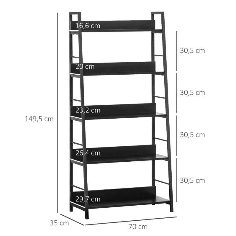 HOMCOM Estante Biblioteca de Arrumação Estilo Industrial inclinada 5 Níveis 70L x 35l x 150H cm Preto