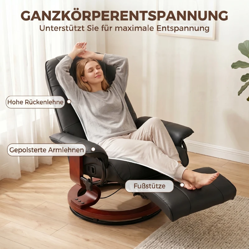 HOMCOM Fauteuil Relax Inclinable, Fauteuil de Salon, Repose-Pieds Réglable, Pivotant 360°, Piètement Bois, Revêtement Synthétique, Noir(m-6)