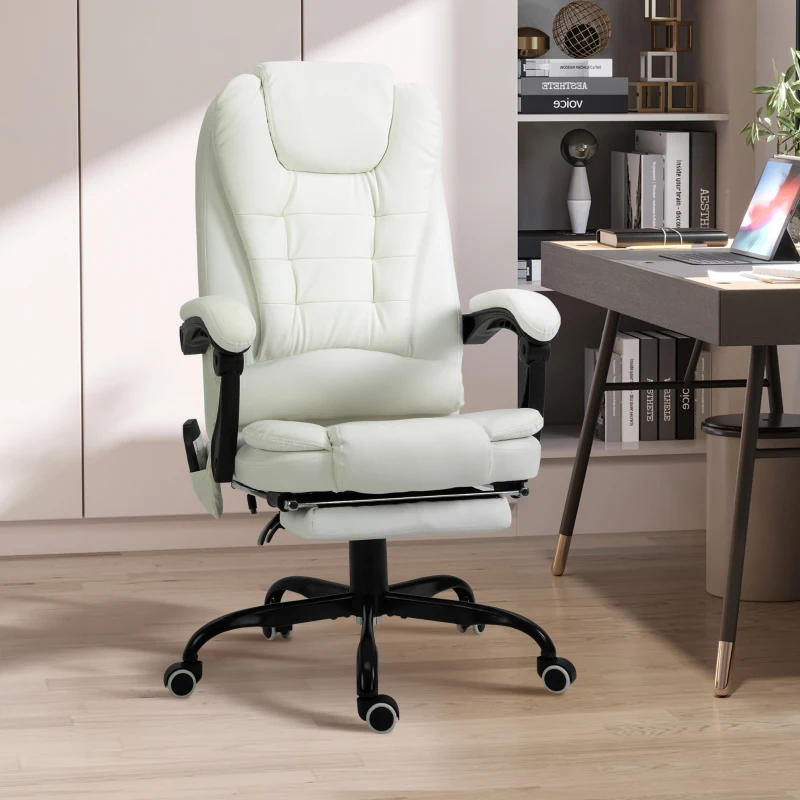 Vinsetto Silla de Oficina con 7 Puntos de Masaje con Reposapiés Retráctil Altura Ajustable Control Remoto y Tejido de PU Blanco