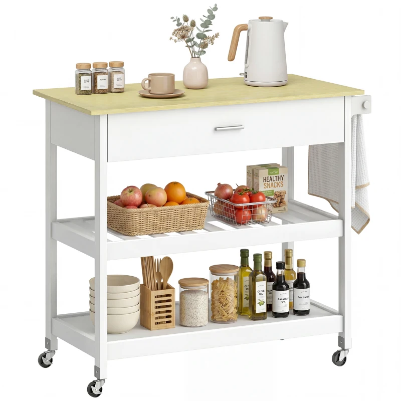 HOMCOM Desserte de cuisine à roulettes, îlot central cuisine avec plan de travail, tiroir, étagères, porte-serviettes, blanc