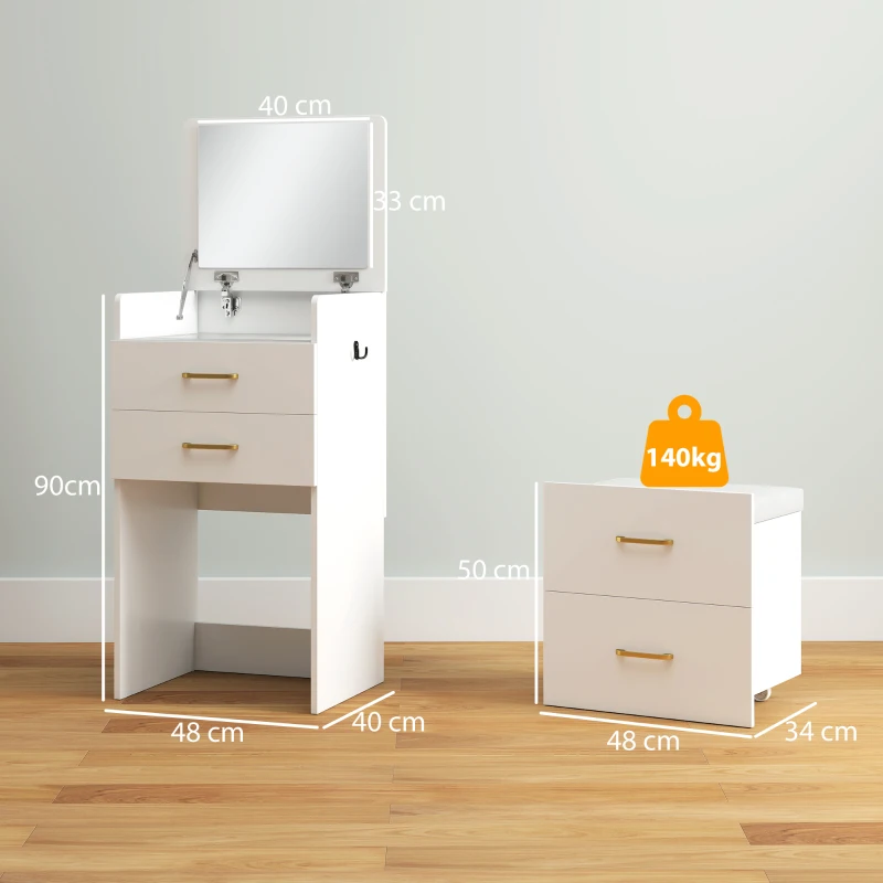 HOMCOM 3-in-1 Make-uptafel met Spiegel, Nachtkastje, Rollende Kruk, Lades, Wit(m-3)