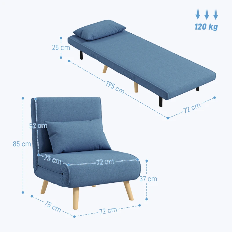 HOMCOM Fauteuil chauffeuse convertible 3 en 1 lit fauteuil lit 1 place dossier 5 positions en tissu avec coussin, bleu